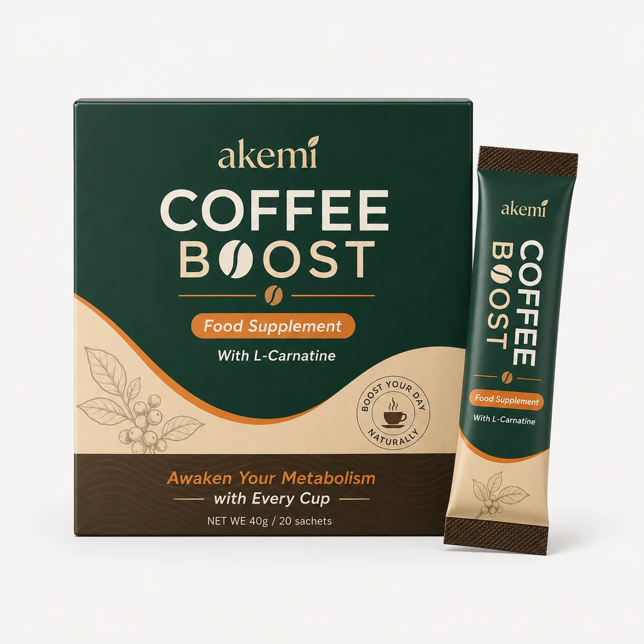 Akemi Coffee Boost box and single-serve sachet next to a cup of coffee
